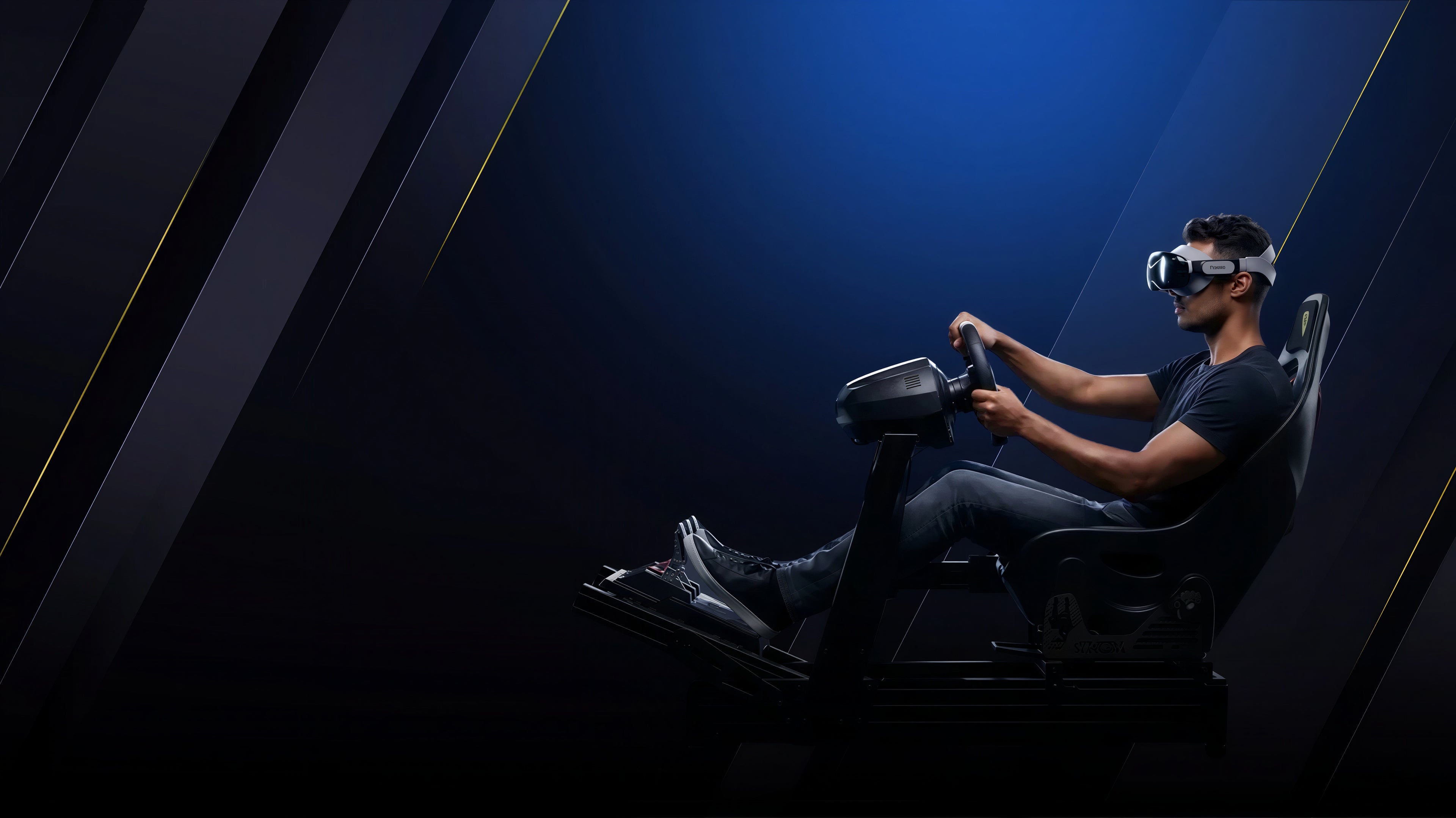 A man wearing a VR headset sits in a racing-style simulator seat, holding a steering wheel in a dark studio setting with blue lighting.
