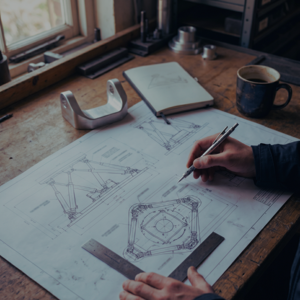 Person working on blueprints of a bespoke motion platform.